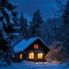 twilight serenity at a snow covered cabin in a winter forest