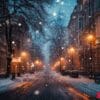 a snowy street with a few lights on