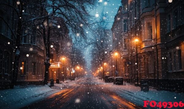 a snowy street with a few lights on