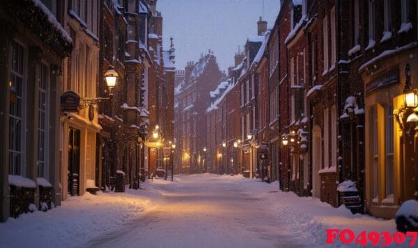 a snowy street with a few lights on