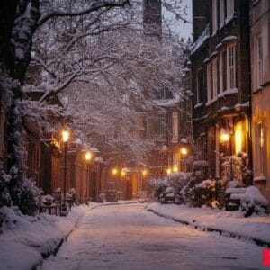 a snowy street with a few lights on