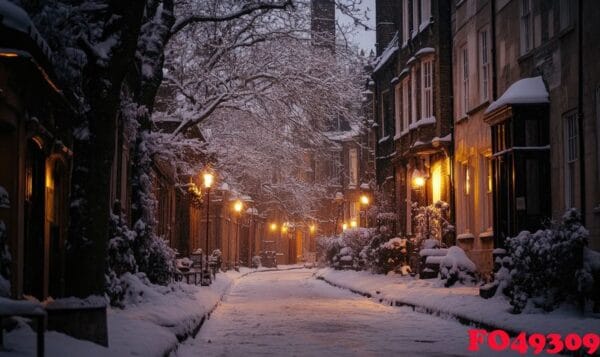 a snowy street with a few lights on