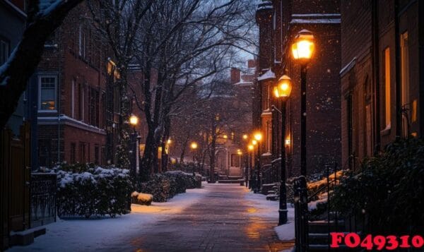 a snowy street with a few trees and street lights