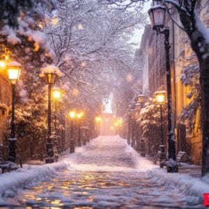 a snowy street with a path and street lamps