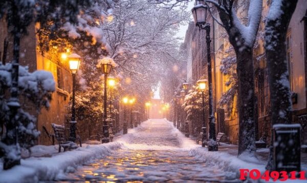 a snowy street with a path and street lamps