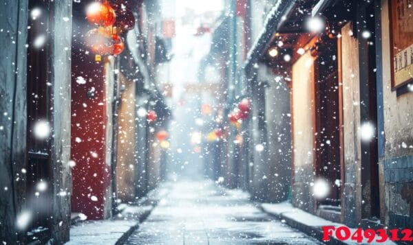 a snowy street with a red lantern hanging from the building