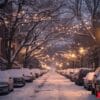 a snowy street with a row of cars parked along it