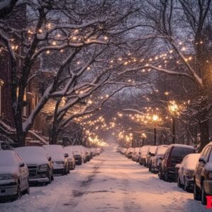 a snowy street with a row of cars parked along it