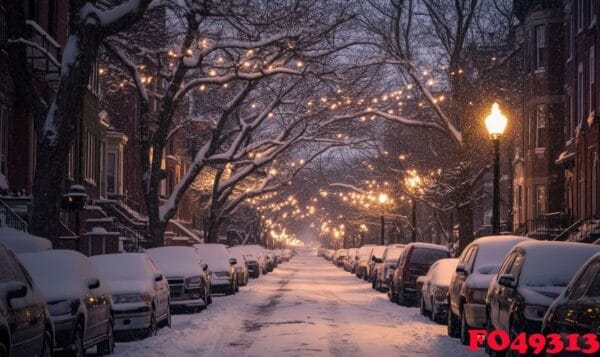 a snowy street with a row of cars parked along it