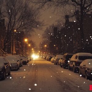 a snowy street with cars parked on both sides