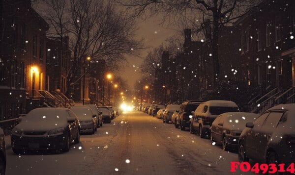 a snowy street with cars parked on both sides