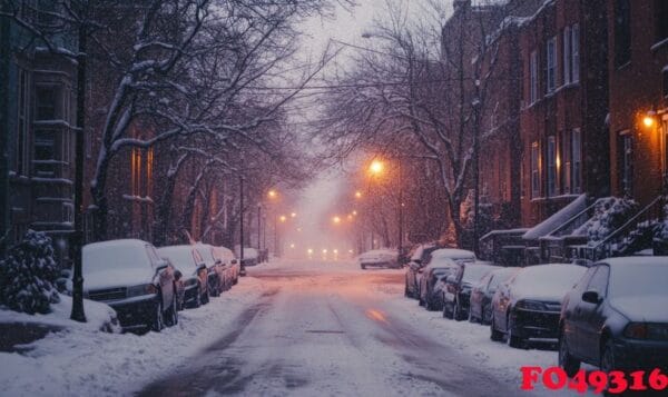 a snowy street with cars parked on both sides