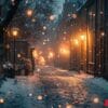 a snowy street with lights on and snow falling