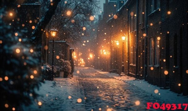 a snowy street with lights on and snow falling