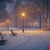 a park with a bench and a lamp post lit up in the snow