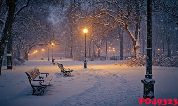 a park with a bench and a lamp post lit up in the snow