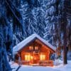 snow covered cabin illuminated at dusk in a serene winter forest