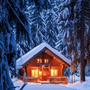 snow covered cabin illuminated at dusk in a serene winter forest