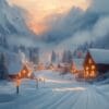 charming winter village in snowy mountains at sunset, glowing lights and serene vibe