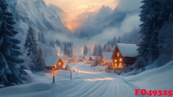 charming winter village in snowy mountains at sunset, glowing lights and serene vibe