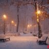 a park with snow on the ground and benches