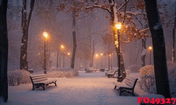 a park with snow on the ground and benches