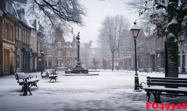 a snowy city square with a fountain and benches