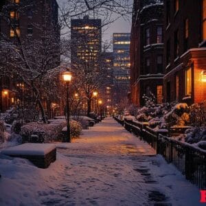 a snowy city street at night with a bench and street lights