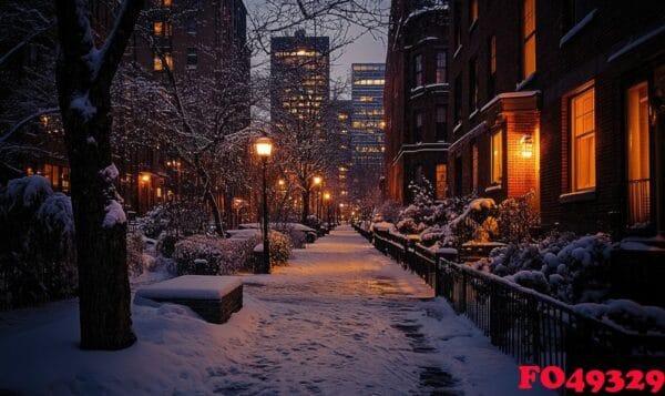 a snowy city street at night with a bench and street lights