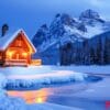 snow covered cabin by a frozen lake in a mountainous winter land