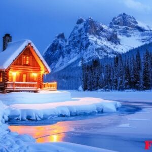 snow covered cabin by a frozen lake in a mountainous winter land