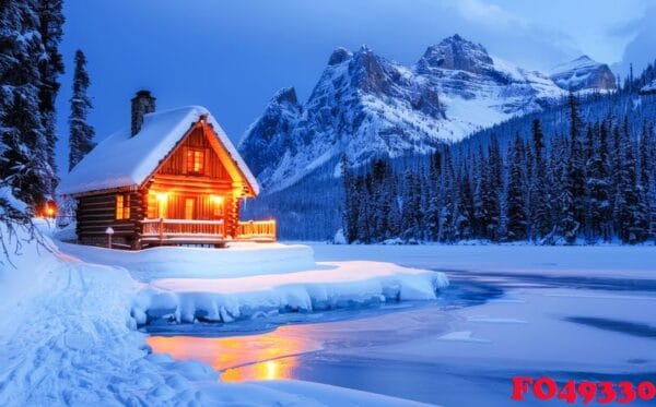 snow covered cabin by a frozen lake in a mountainous winter land