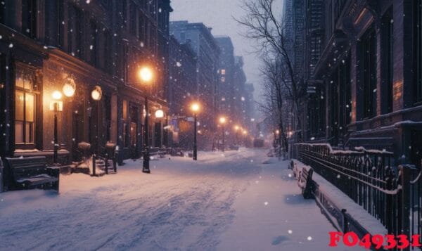 a snowy city street with a bench and street lights