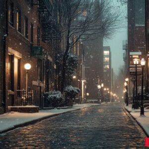 a snowy city street with a few lights on