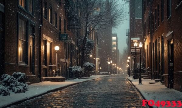 a snowy city street with a few lights on