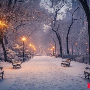 a snowy park with a path and benches