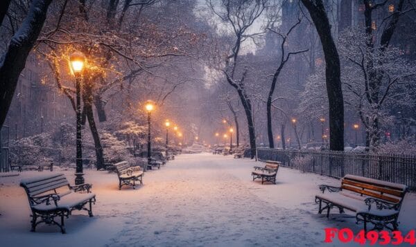 a snowy park with a path and benches