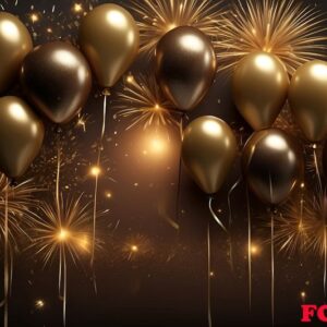 happy new year greeting with balloons and fireworks