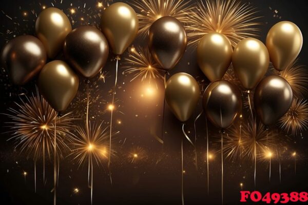 happy new year greeting with balloons and fireworks