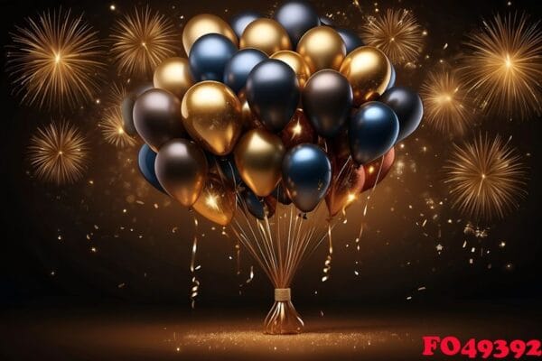 happy new year greeting with balloons and fireworks