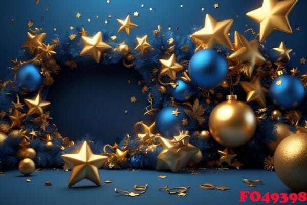 a blue background with gold stars and decorations and a happy new year message