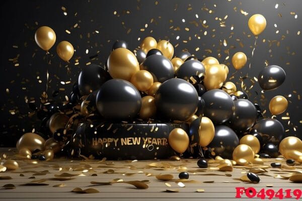 happy new year background with balloons and confetti black desig