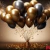 happy new year greeting with balloons and fireworks