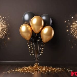 happy new year greeting with balloons and fireworks