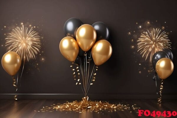 happy new year greeting with balloons and fireworks