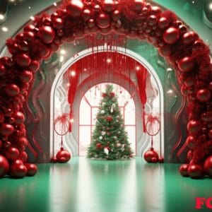 arch made of christmas tree balls with decor. red christmas decorations. ai generated