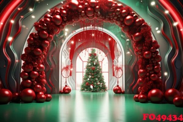 arch made of christmas tree balls with decor. red christmas decorations. ai generated