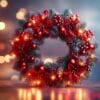 a festive christmas wreath adorned with red flowers and ornaments, glowing lights.