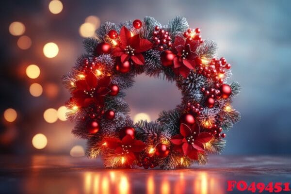 a festive christmas wreath adorned with red flowers and ornaments, glowing lights.