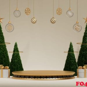 christmas background with cylindrical podium for promotions. round stage for presentation sale product. glass balls hanging. 3d render